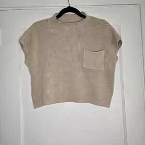 Beige Cropped Mock Neck Sweater Womens Medium Short Sleeve Knit Top